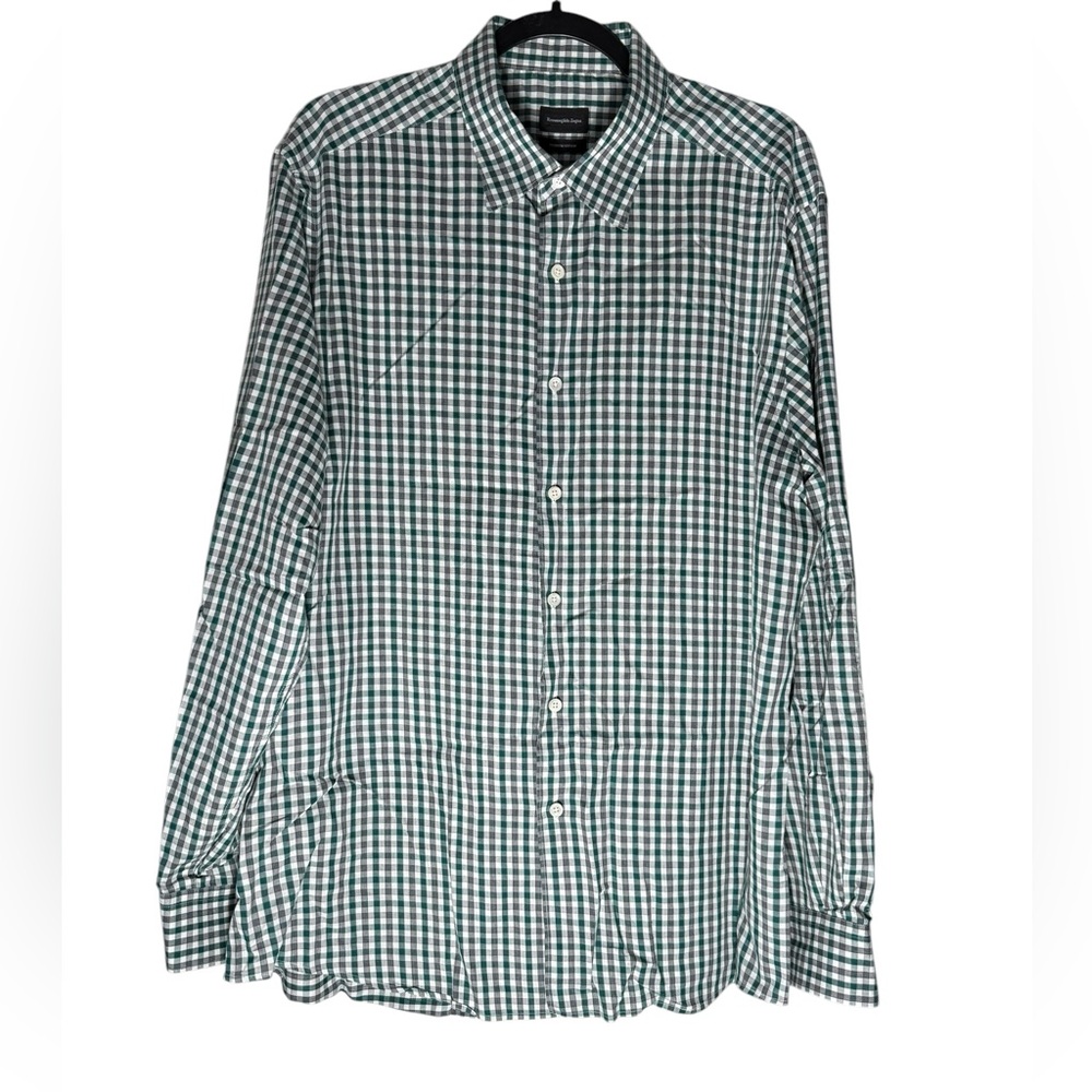 Ermenegildo Zegna Shirt Mens XL Green White Button Up Long Sleeve Premium Cotton